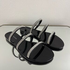 STEVE MADDEN Black Silver Rhinestone Triple Strap Yoma Jelly Slip On Sandals